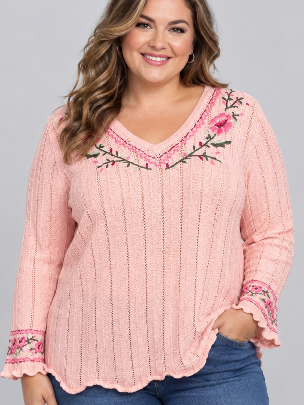 NORTHERN REFLECTIONS Pink Knit Long Sleeve Top with Embroidered Cuffs & Neckline